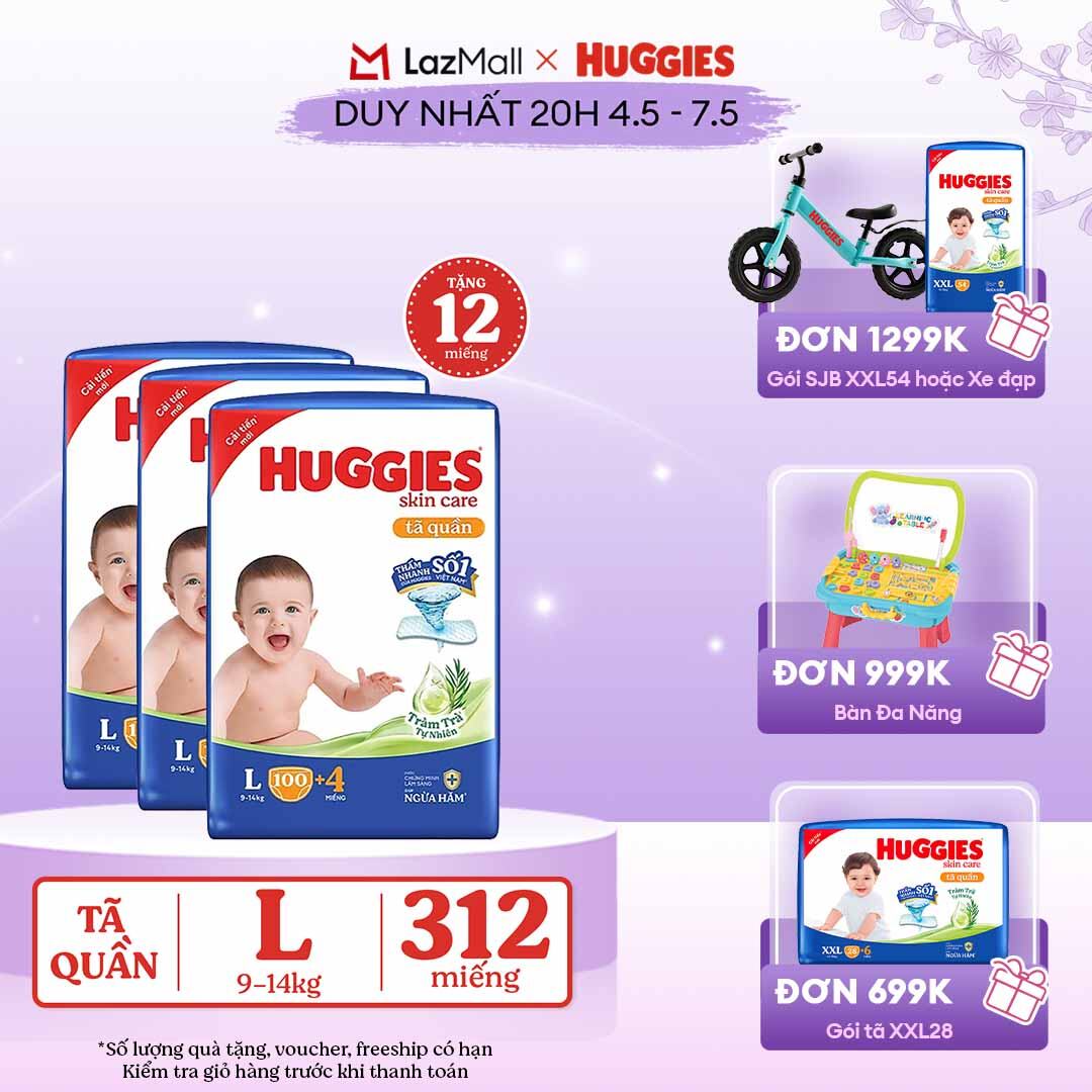 [CHỈ 20h 04-07.05 GIẢM THÊM 90K] Combo 3 Gói Tã/bỉm quần HUGGIES SKINCARE MEGA JUMBO size L96+8 miếng/ L100+4 miếng