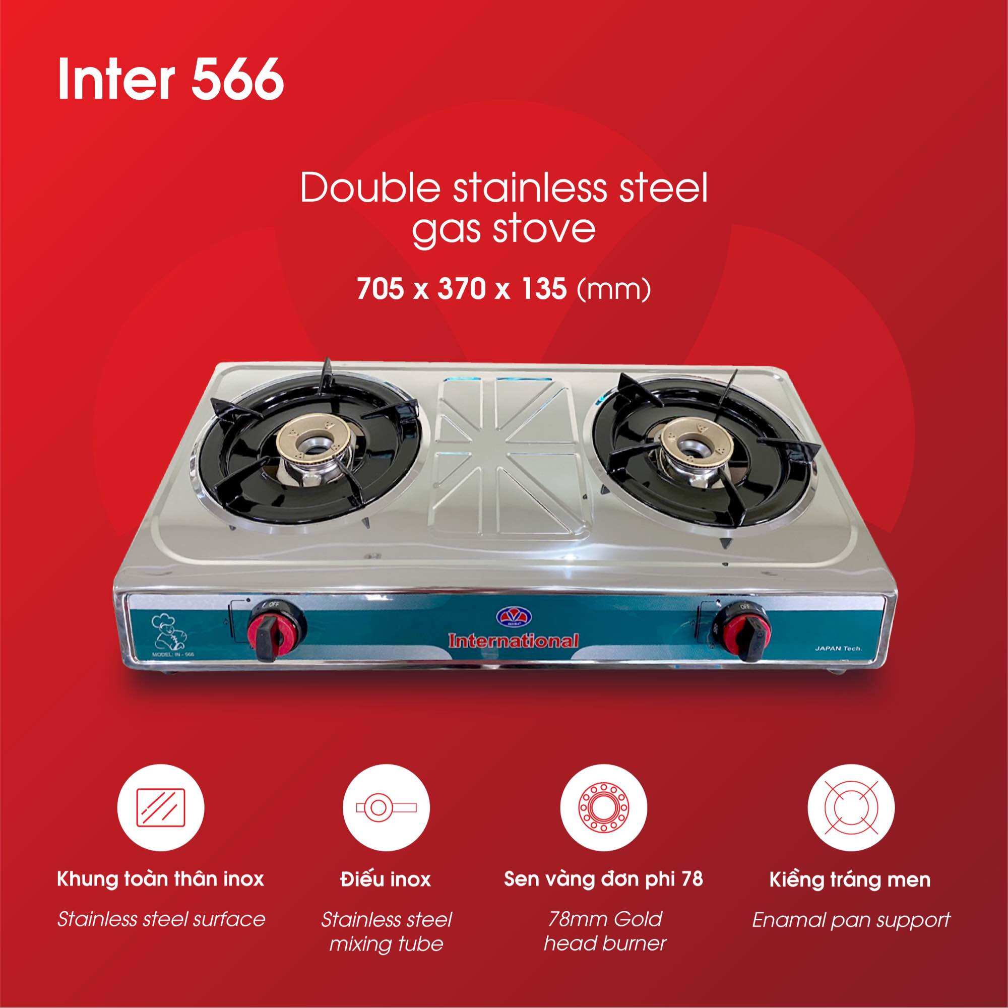 Bếp gas đôi mặt inox INTER IV-566 sen vàng tiết kiệm gas