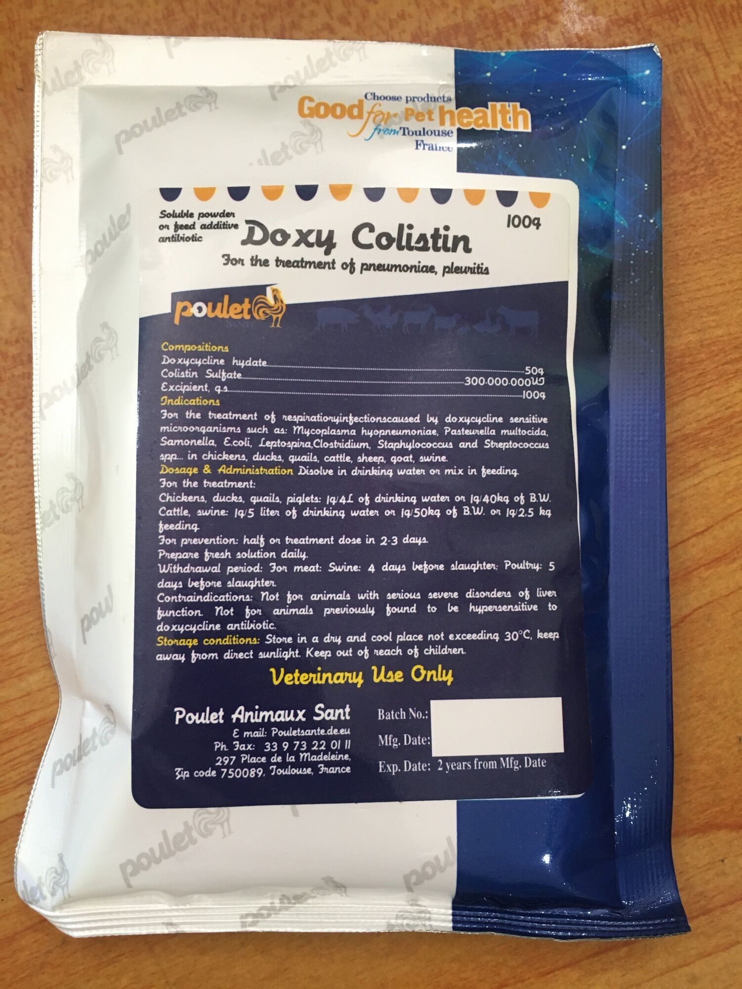 Doxy colistin 50% gói 100gr. Nhiễm trùng đường hô hấp, sung phù đầu, khò khè, sổ mũi, crd,ccrd, tụ huyết trùng.