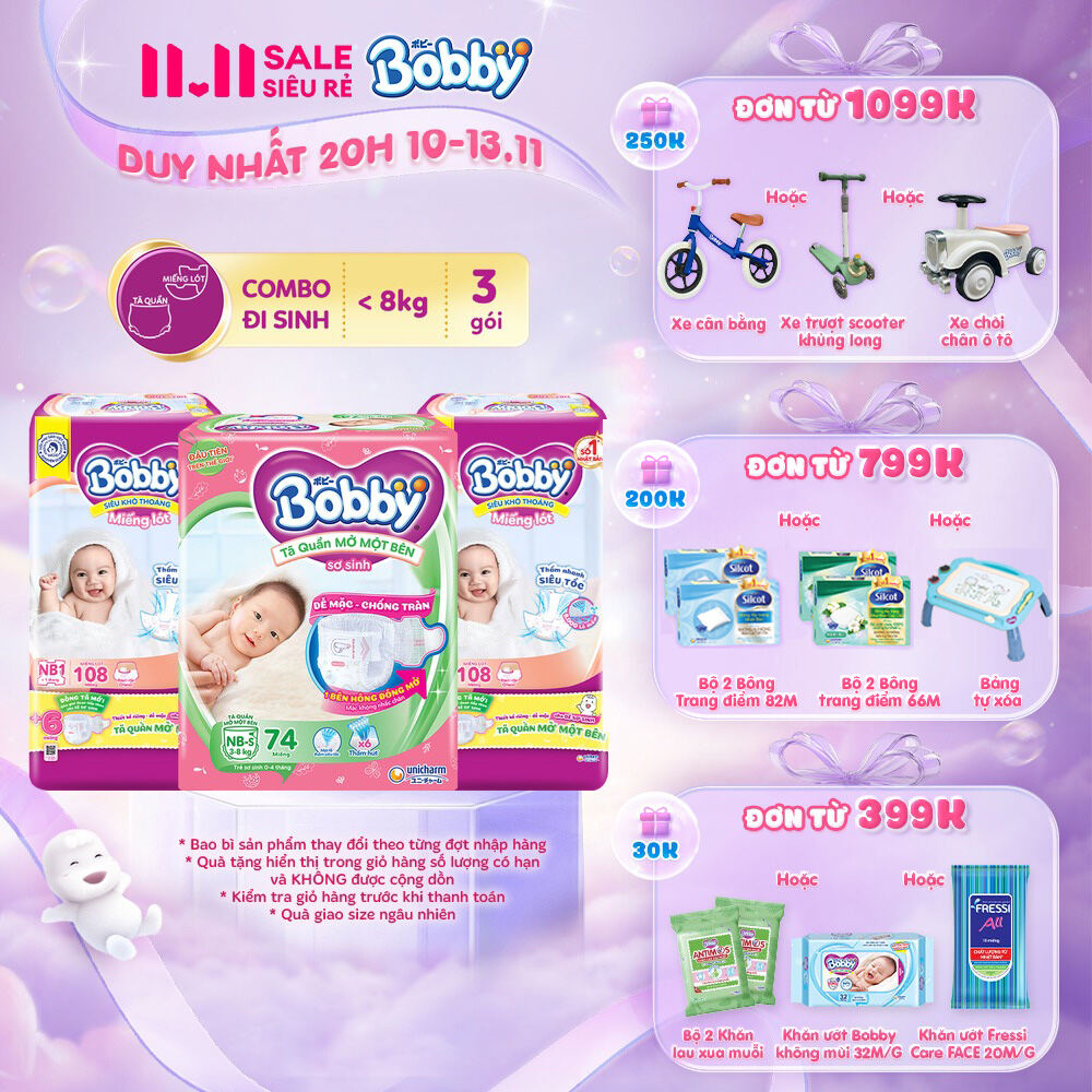 [TẶNG MIẾNG NGẪU NHIÊN] Combo sơ sinh gồm 02 Miếng lót Bobby Newborn 1-108 miếng và 01 gói Tã quần m