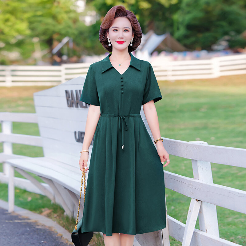 Váy Dài Đến Đầu Gối Mùa Hè Cho Mẹ Quần Áo Công Sở Màu Trơn Cổ Polo Dài Tay Thường Cho Phụ Nữ Trung N