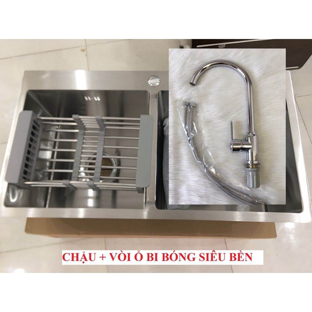 Chậu rửa bát 2 hố cân kt 82x 45cm. inox 304 có kèm rổ và xi phông.