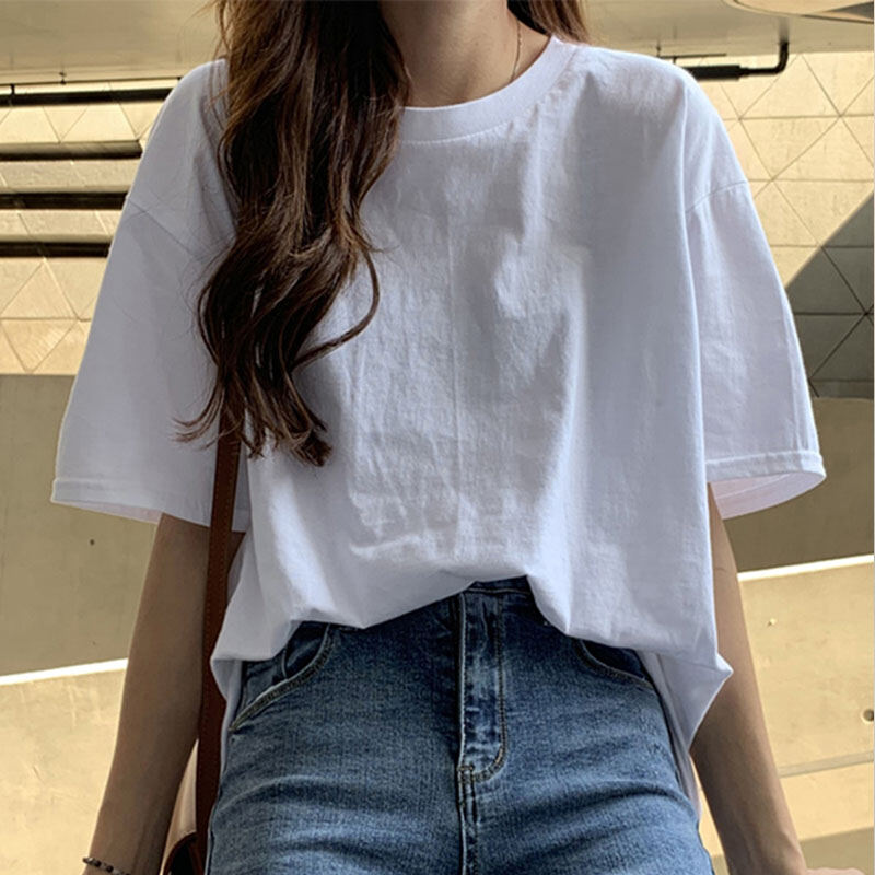 Áo Thun Ngắn Tay Màu Trắng Áo Mặc Trong Dễ Phối T Trắng Phong Cách Hàn Quốc Rộng Rãi 2023 Cotton Mặc Chồng Chất Mẫu Dài Vừa Xuân Hè Cho Nữ Áo