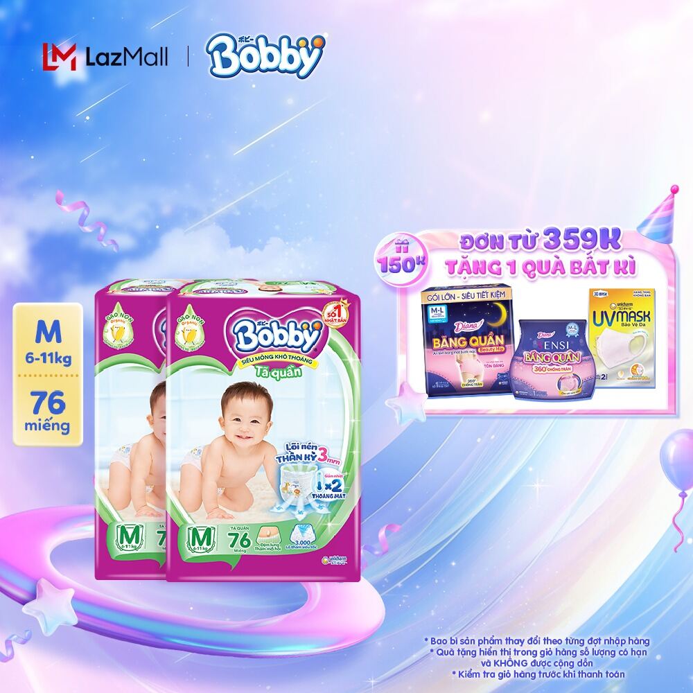 Combo 2 gói Tã quần Bobby Lõi nén thần kỳ 3mm M76 - 76 miếng [Bao bì thay đổi theo từng đợt nhập hàn