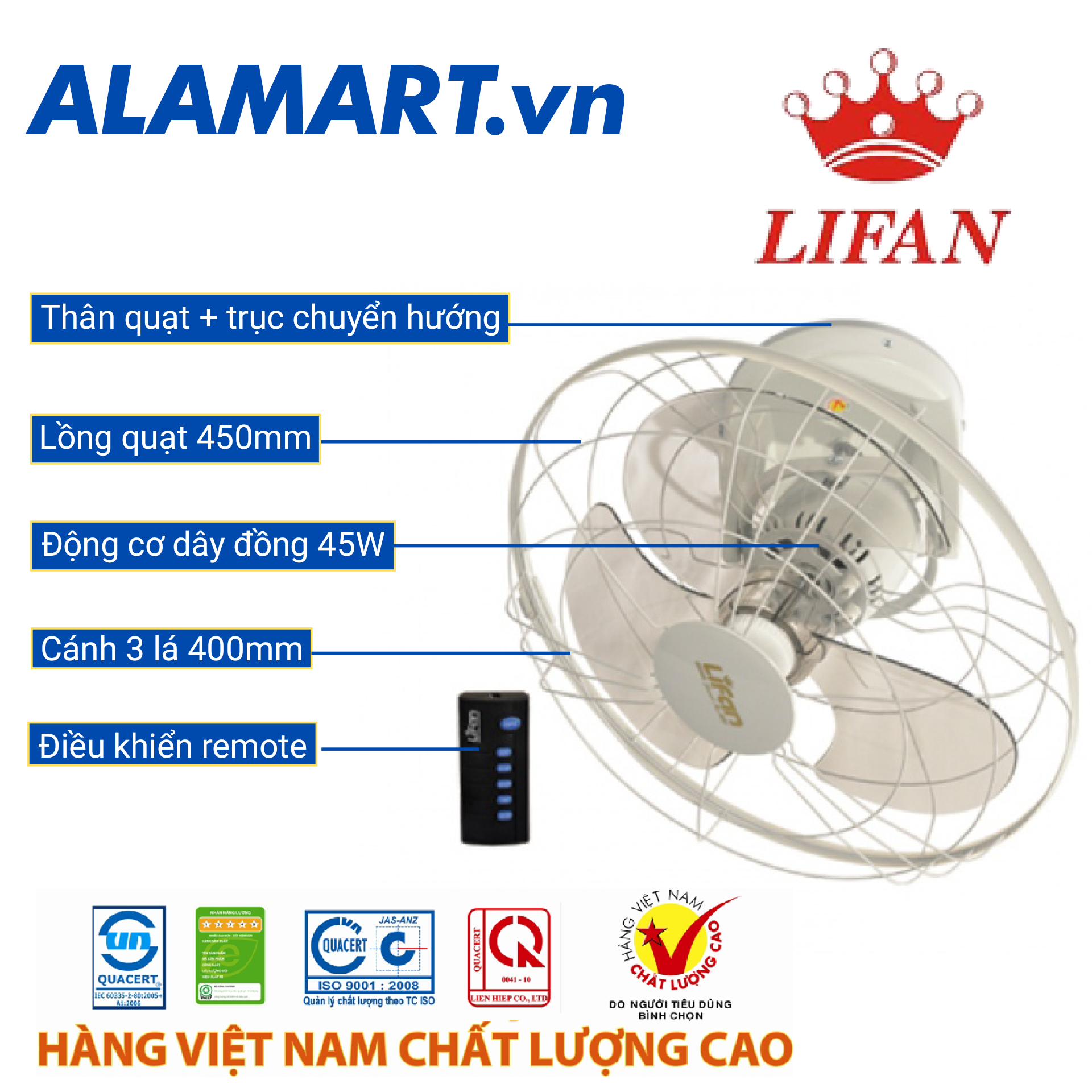 Quạt trần đảo remote Lifan TĐ-16RC
