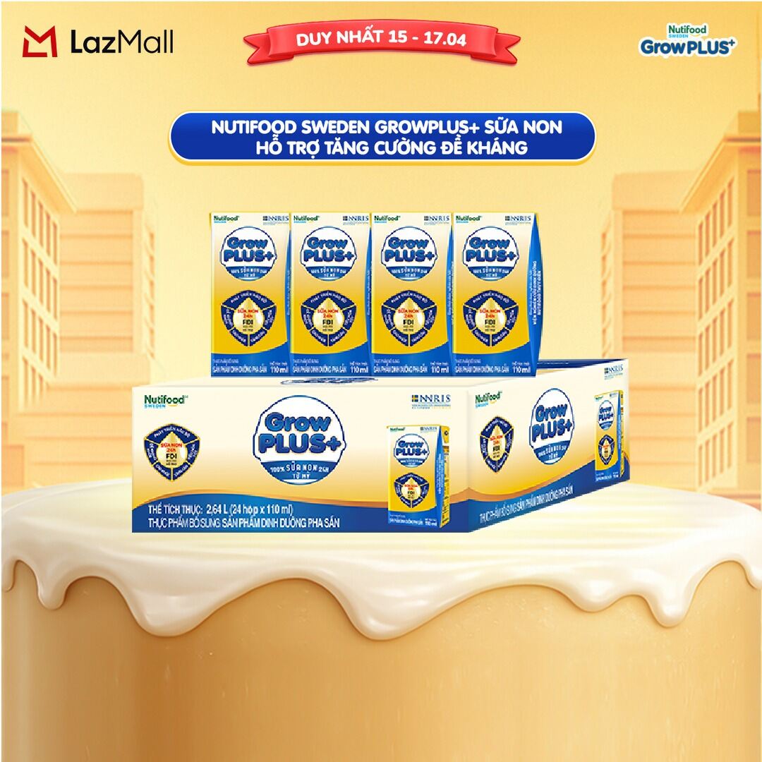 Thùng 24 hộp Sữa Bột Pha Sẵn Nutifood GrowPLUS+ Sữa Non (Vàng) - Hỗ Trợ Tăng Cường Đề Kháng 110ml - Trên 2 tuổi