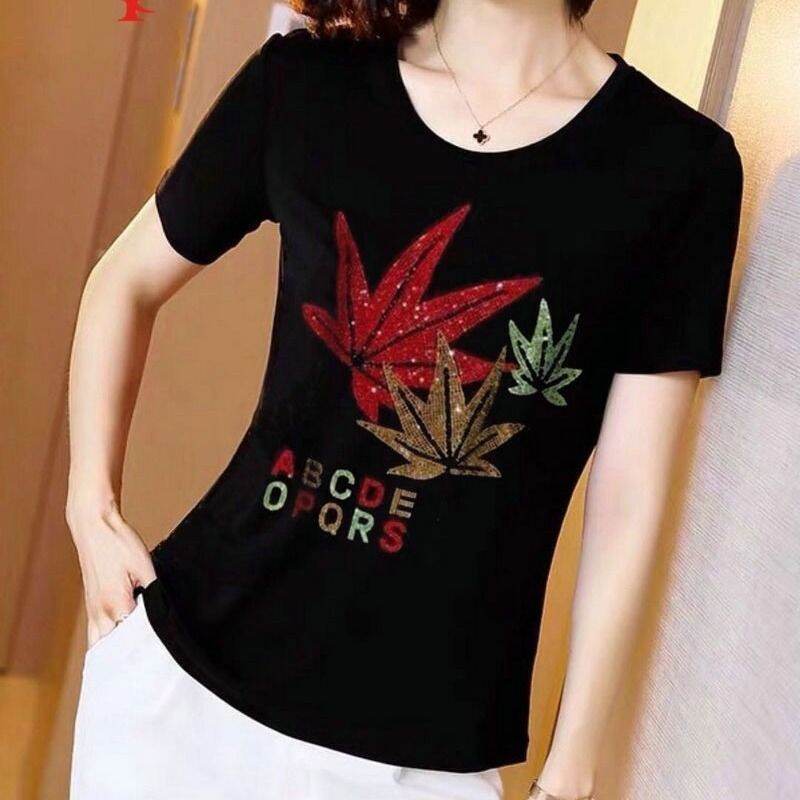 Áo Thun Ngắn Tay Đính Đá Màu Đen Trắng Mùa Hè Áo Thun Cotton Tôn Dáng Gầy Ôm Dáng Cổ Tròn Hàng Châu Âu Mẫu Mới Cho Nữ