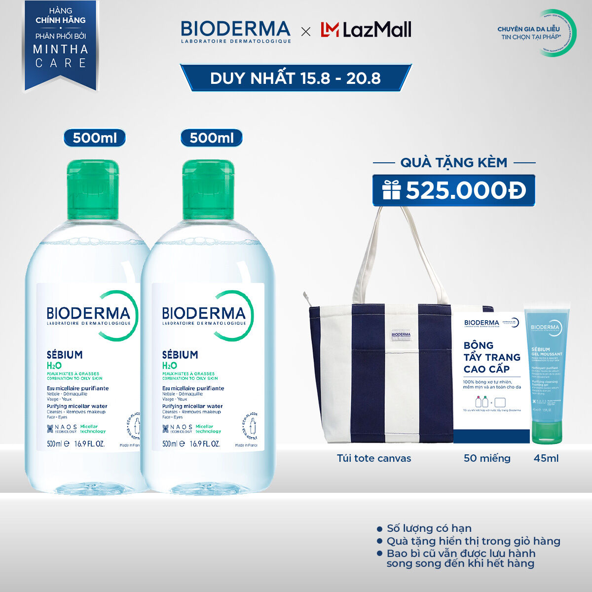 Bộ đôi nước tẩy trang Micellar cho da đầu mụn Bioderma Sebium H2O - 500mlx2