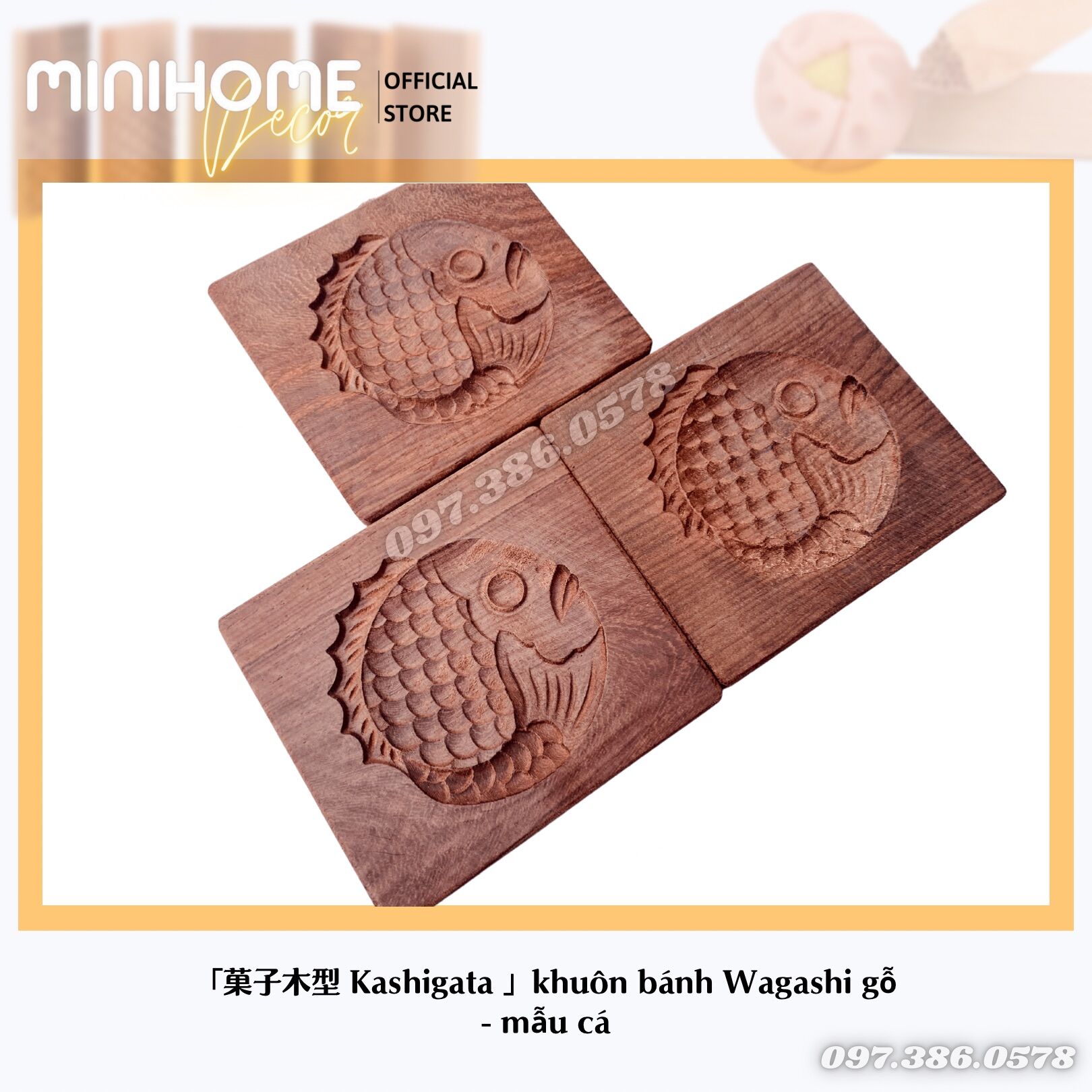 Khuôn bánh nhật mẫu cá - khuôn nhật kashigata - dụng cụ làm bánh wagashi gỗ truyền thống - khuôn gỗ bánh wagashi - khuôn bánh mochi