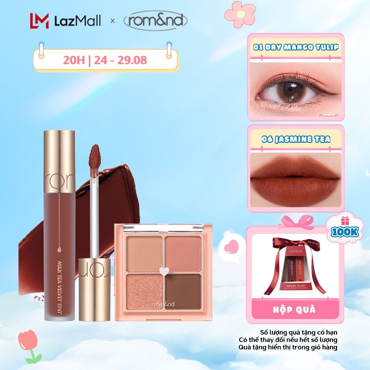 Combo Bảng màu mắt Romand Better Than Eyes 6.5g + Son kem lì Romand Milk Tea Velvet Tint 4.4g