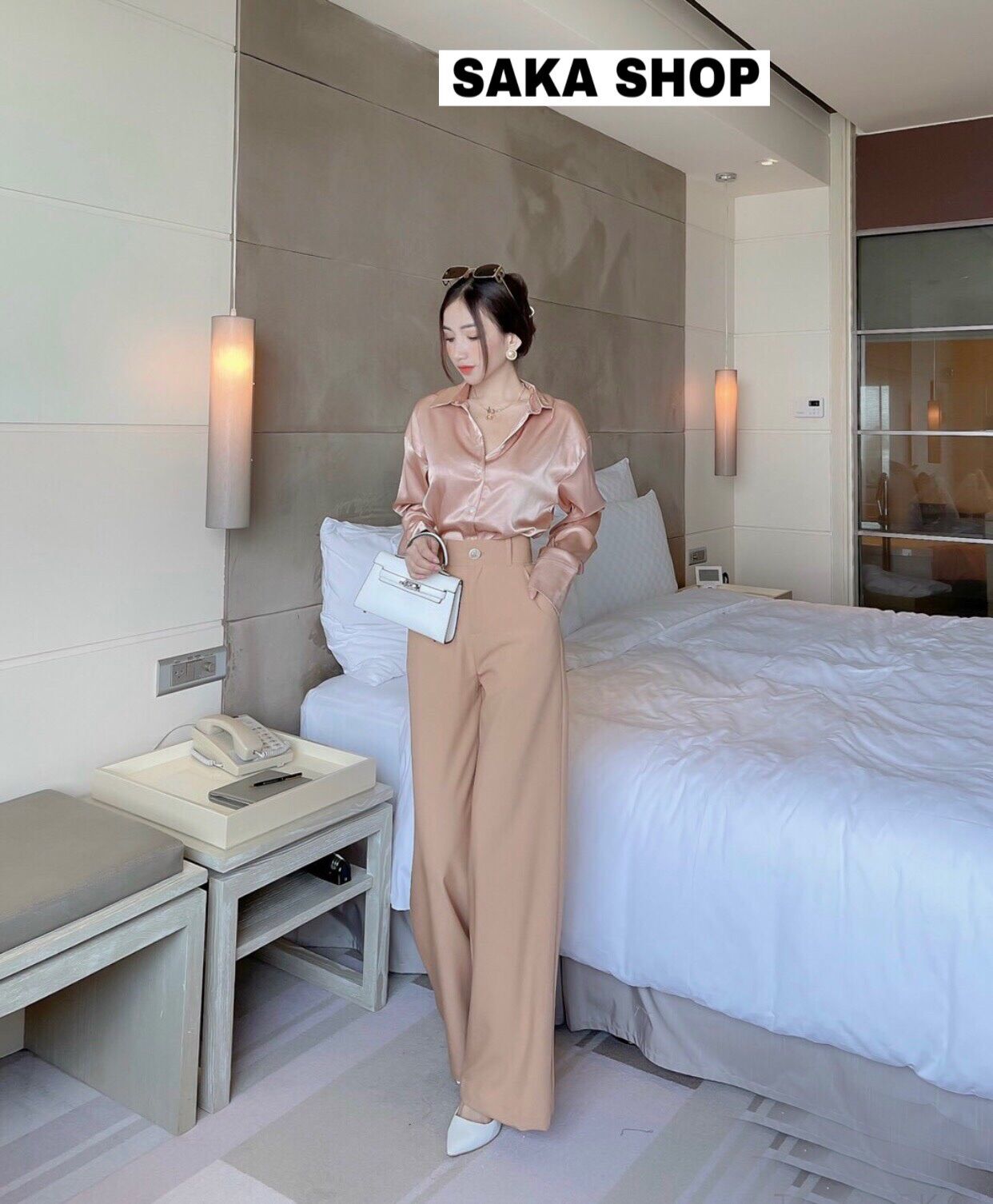 Áo sơ mi lụa nữ tay dài màu hồng nude vải cao cấp