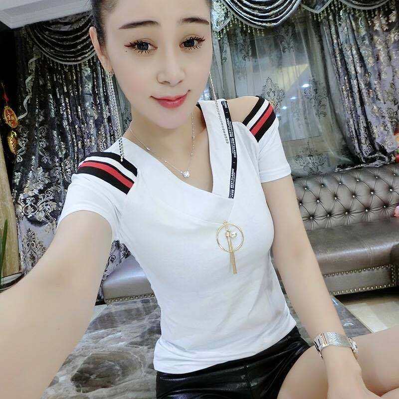 Áo Thun Ngắn Tay Cotton Màu Trơn Áo Hở Vai Cổ Chữ V Dễ Phối Tôn Dáng Phong Cách Hàn Quốc Sành Điệu Instagram Thời Trang Mẫu Mới Mùa Hè Cho Nữ Sành Điệu