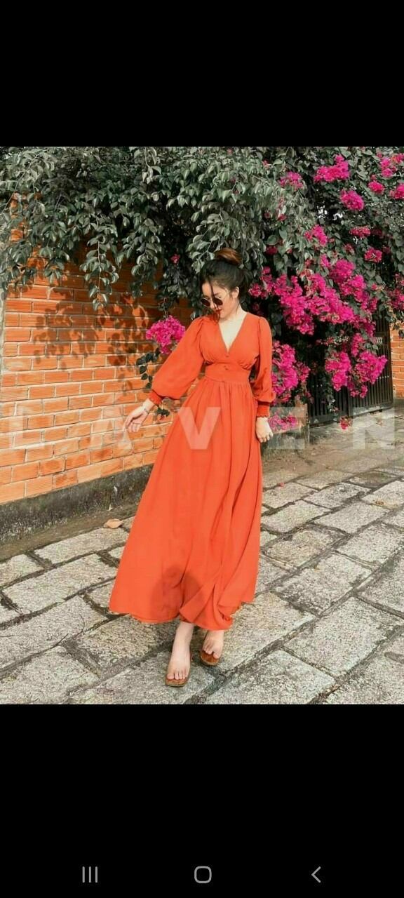 đầm maxi cổ V tay dài tiểu thư