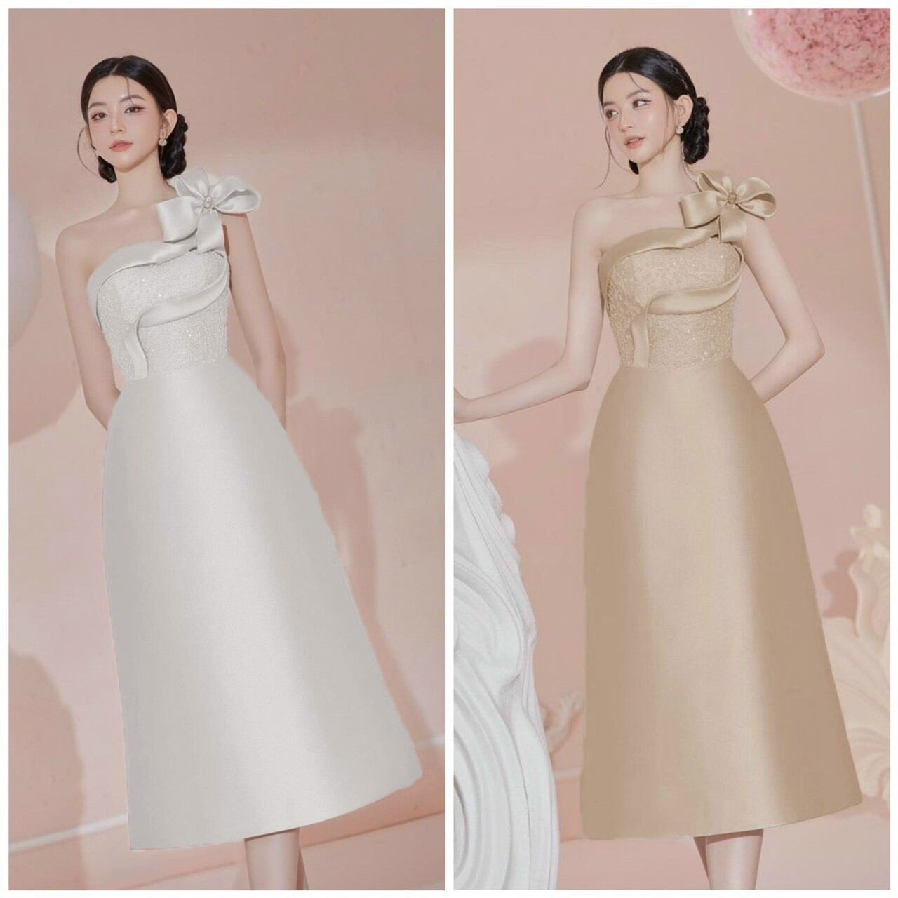 Đầm chữ a ren thêu đính nơ xinh xắn