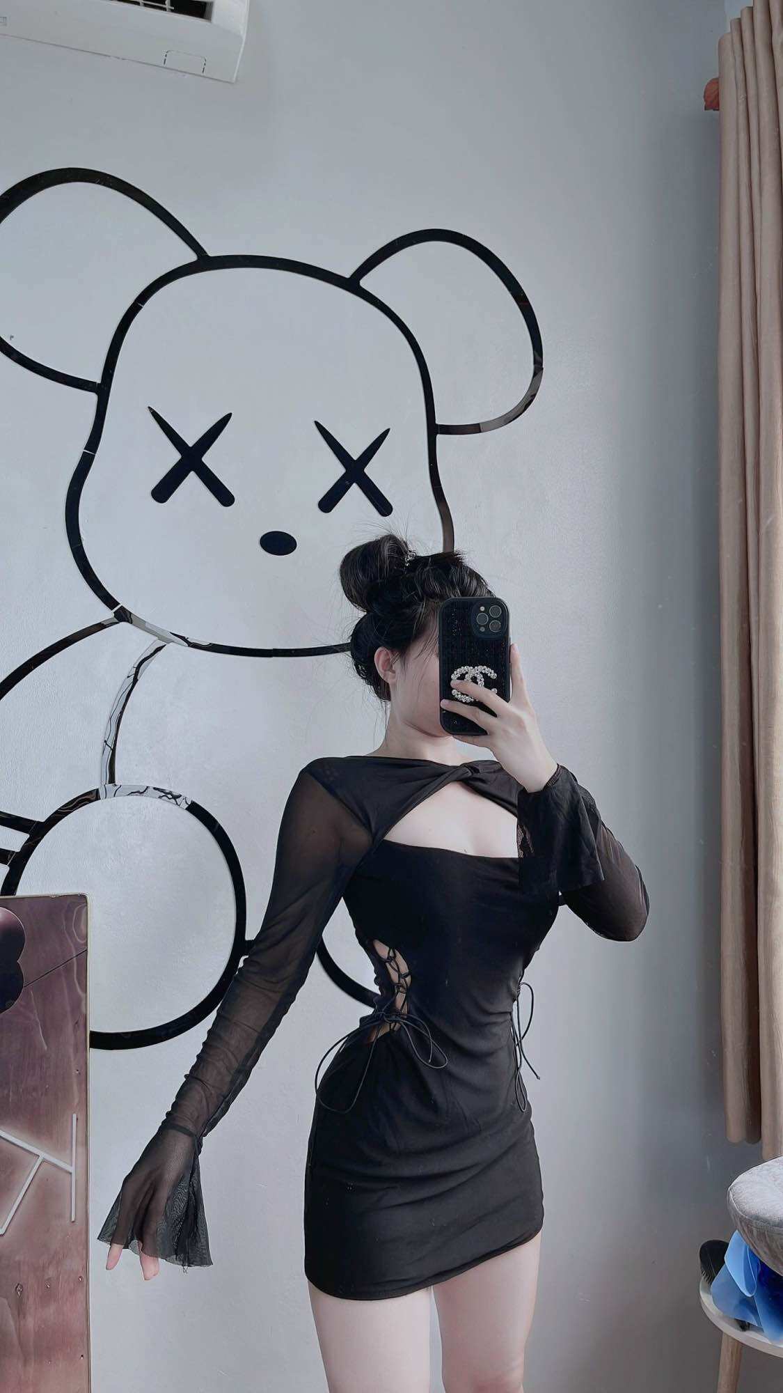 Váy body phối lưới rút dây eo