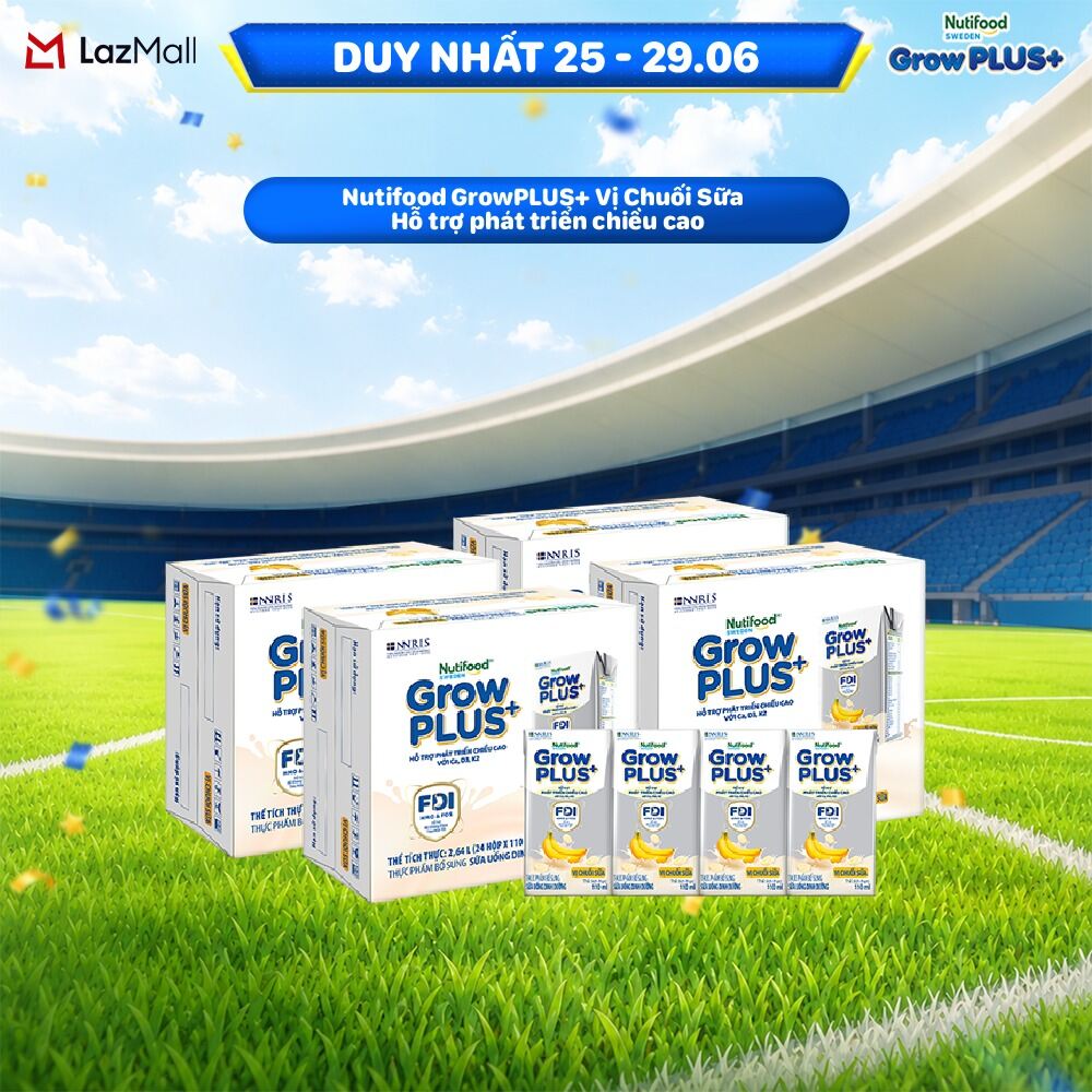 Combo 4 Thùng 24 hộp Sữa bột pha sẵn Nutifood GrowPLUS+ Vị Chuối Sữa hộp 110ml - Hỗ trợ phát triển chiều cao