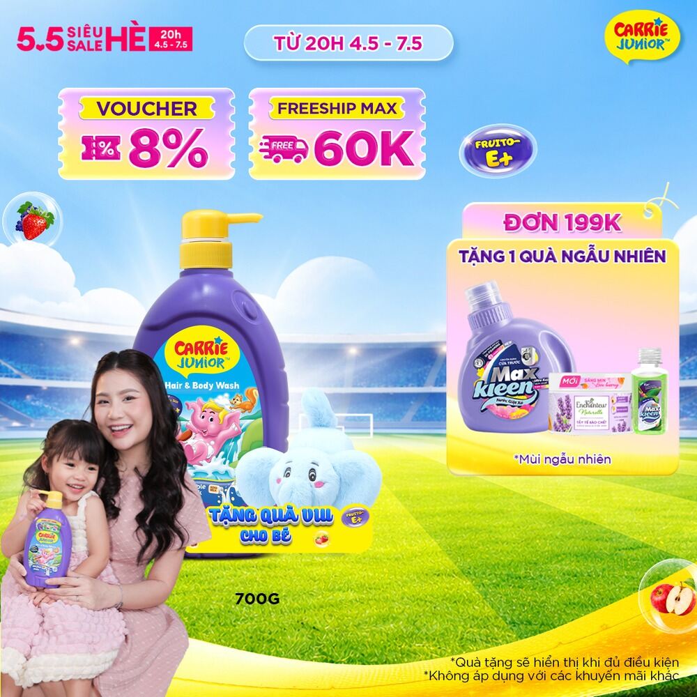 [TẶNG KÈM Voi bông | màu ngẫu nhiên] Chai Sữa Tắm Gội Cho Bé Carrie Junior chiết xuất trái cây thiên nhiên hương Tinh chất Sữa 700g