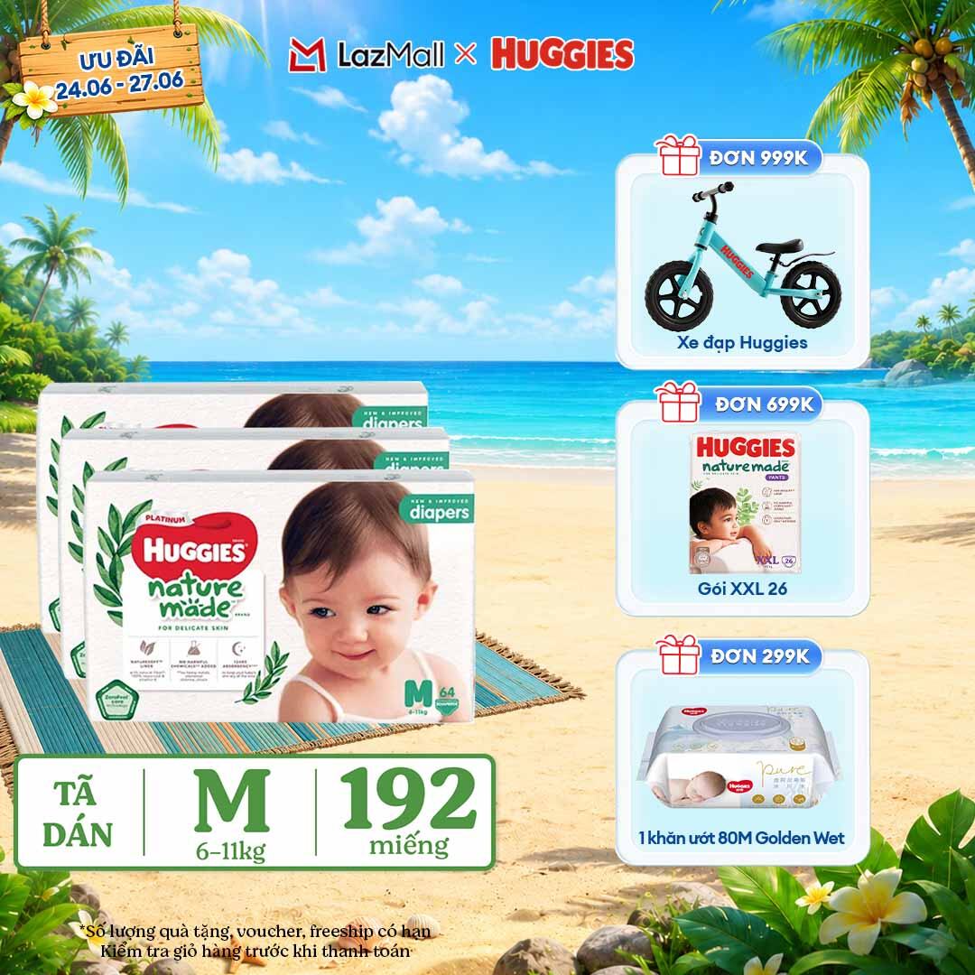 [Chỉ 25-29.06 QUÀ TẶNG ĐƠN 399K](Mua 1 tặng 1) Combo 3 Tã/Bỉm dán HUGGIES PLATINUM NatureMade M64 (6-11kg)-Gói Jumbo 64 miếng