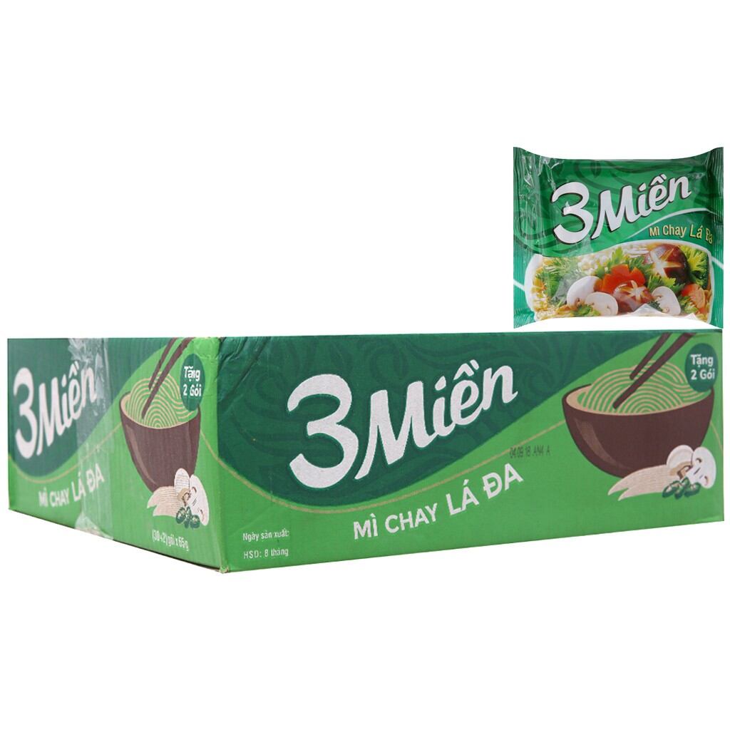 MÌ 3 MIỀN CHAY LÁ ĐA, GÓI 65G THÙNG 30 GÓI