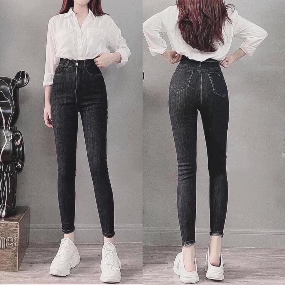 Quần Jean co dãn Nữ Dáng Ôm Lưng Siêu Cao Trơn cào rách