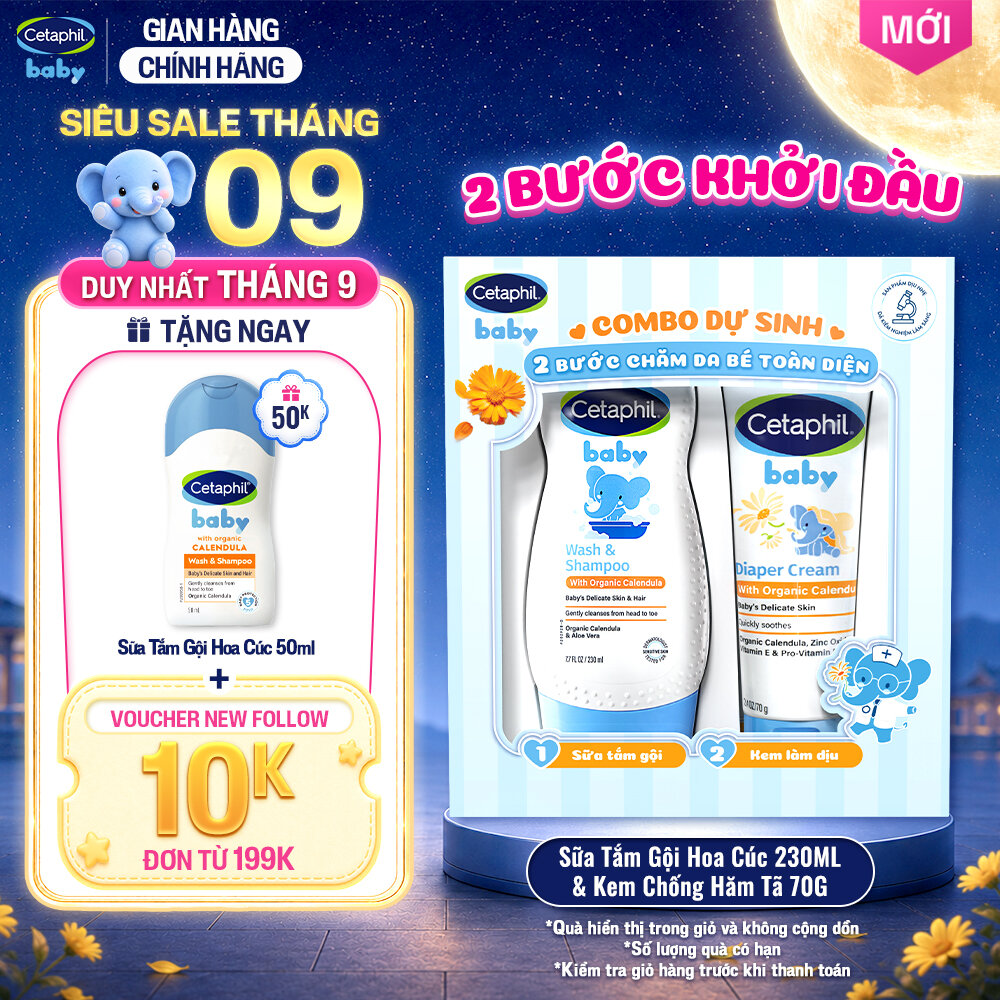 [COMBO DỰ SINH] Combo Sữa tắm dưỡng ẩm dịu lành cho bé với Calendula hoa cúc hữu cơ CETAPHIL BABY WSHAMPOO CALENDULA 230ML  Kem chống hăm tã dịu lành CETAPHIL BABY DIAPER CREAM CALENDULA 70G