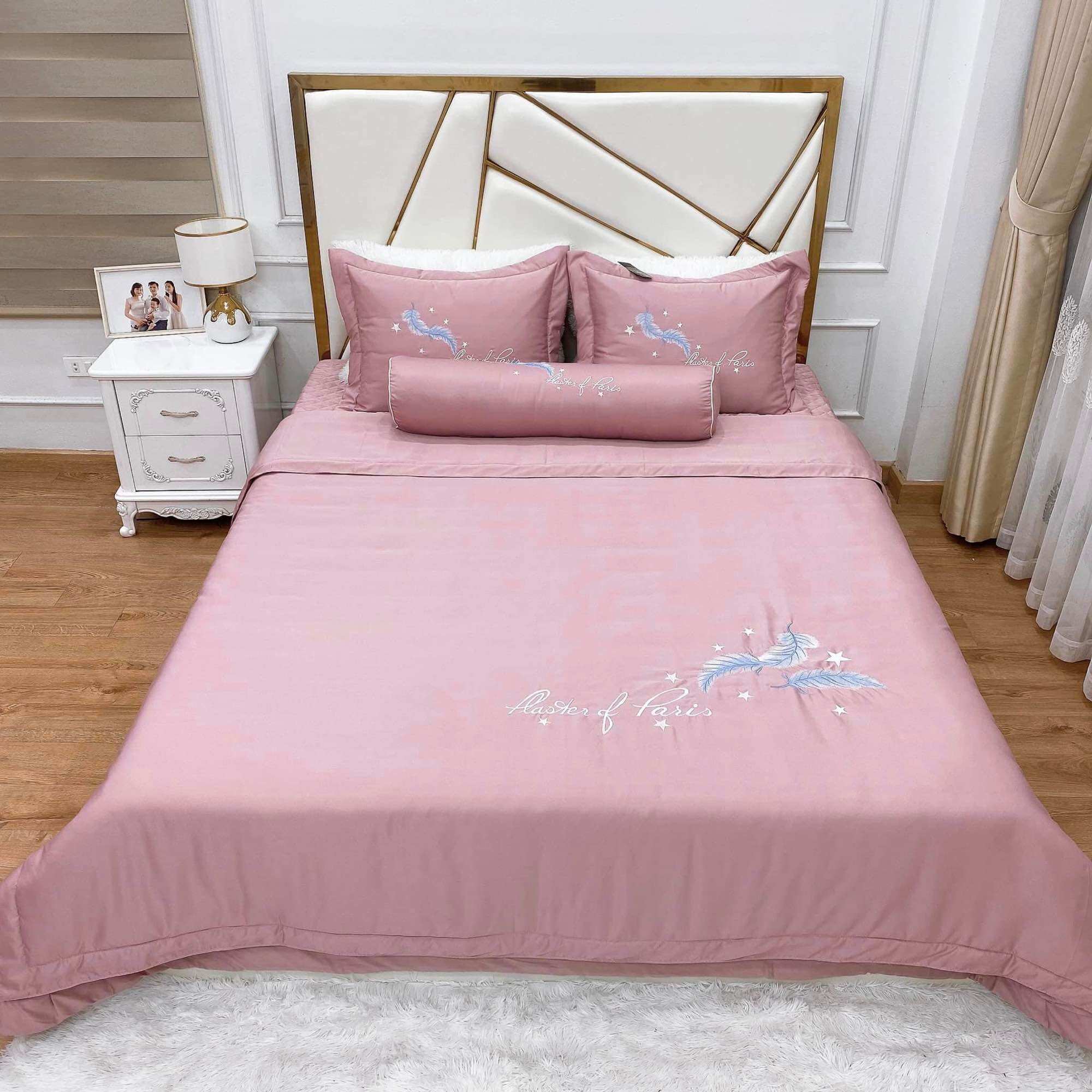 Bộ chăn ga gối phi lụa chất liệu mềm mại thoáng mát, set 5 món gồm (3 vỏ gối, 1 chăn,1 ga)