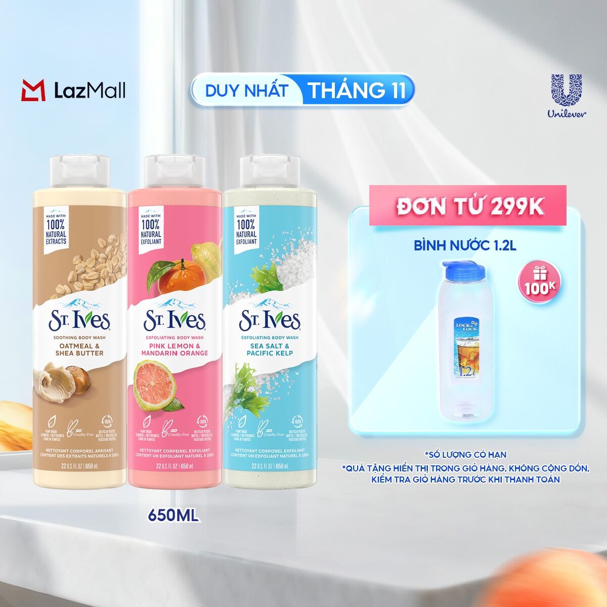 Sữa tắm dưỡng da St.Ives Muối Biển/Yến mạch và Bơ/Cam chanh/ Hoa Hồng và Lô Hội 650ml