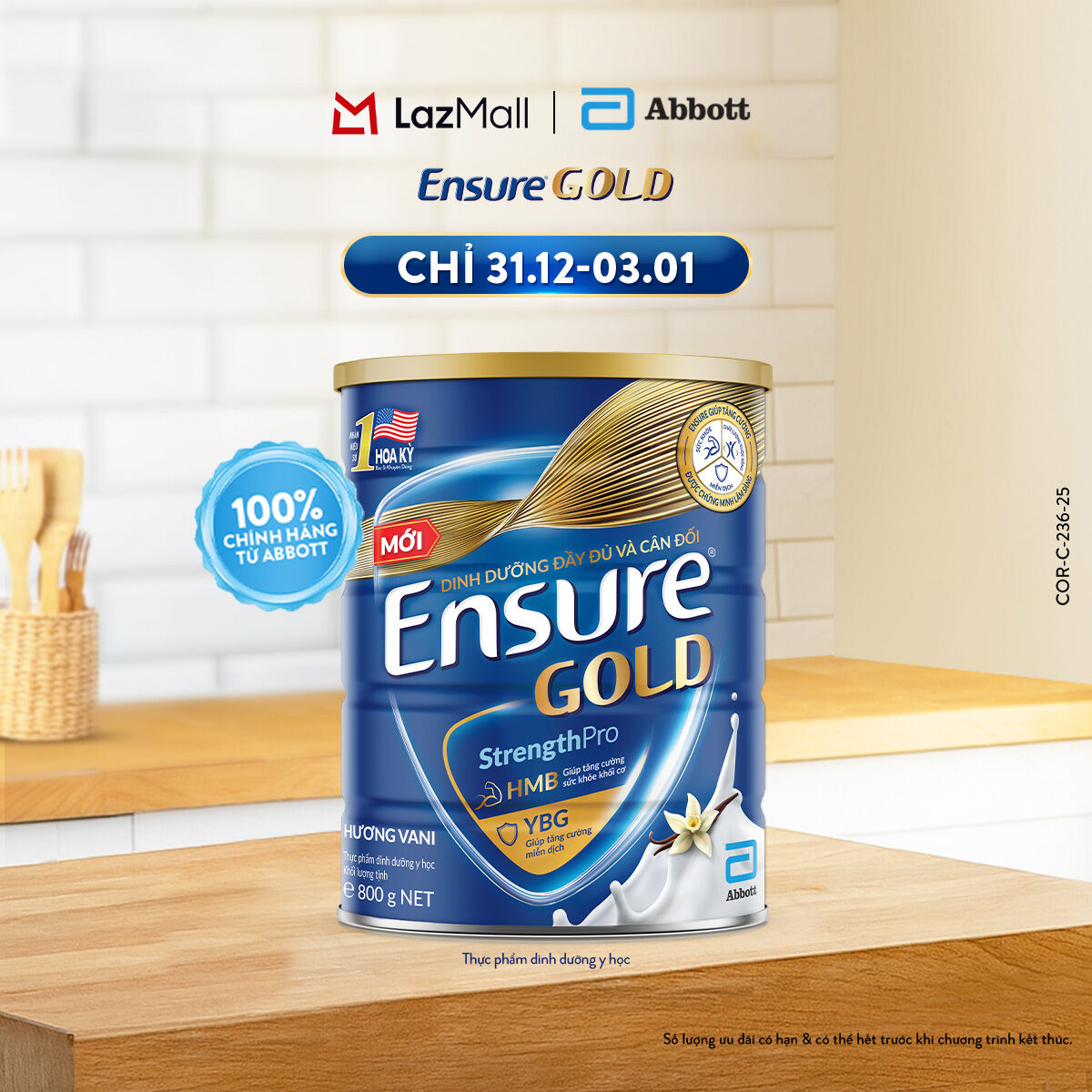   CHỈ 31.12-03.01 GIÁ TỐT MUA NGAY-SLCH  Lon sữa bột Ensure Gold hương Vani 800g 