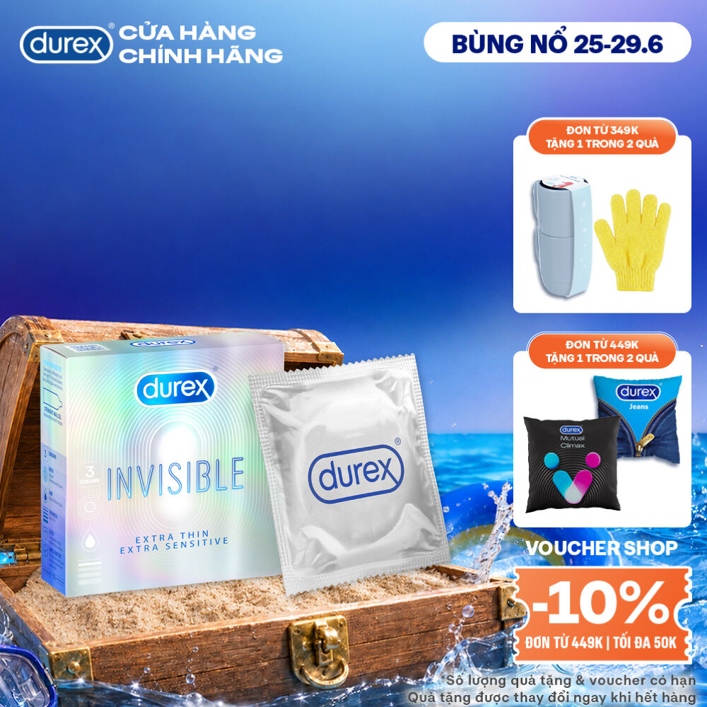 Bao cao su Durex Invisible siêu mỏng, size 52mm, hộp 3 bao