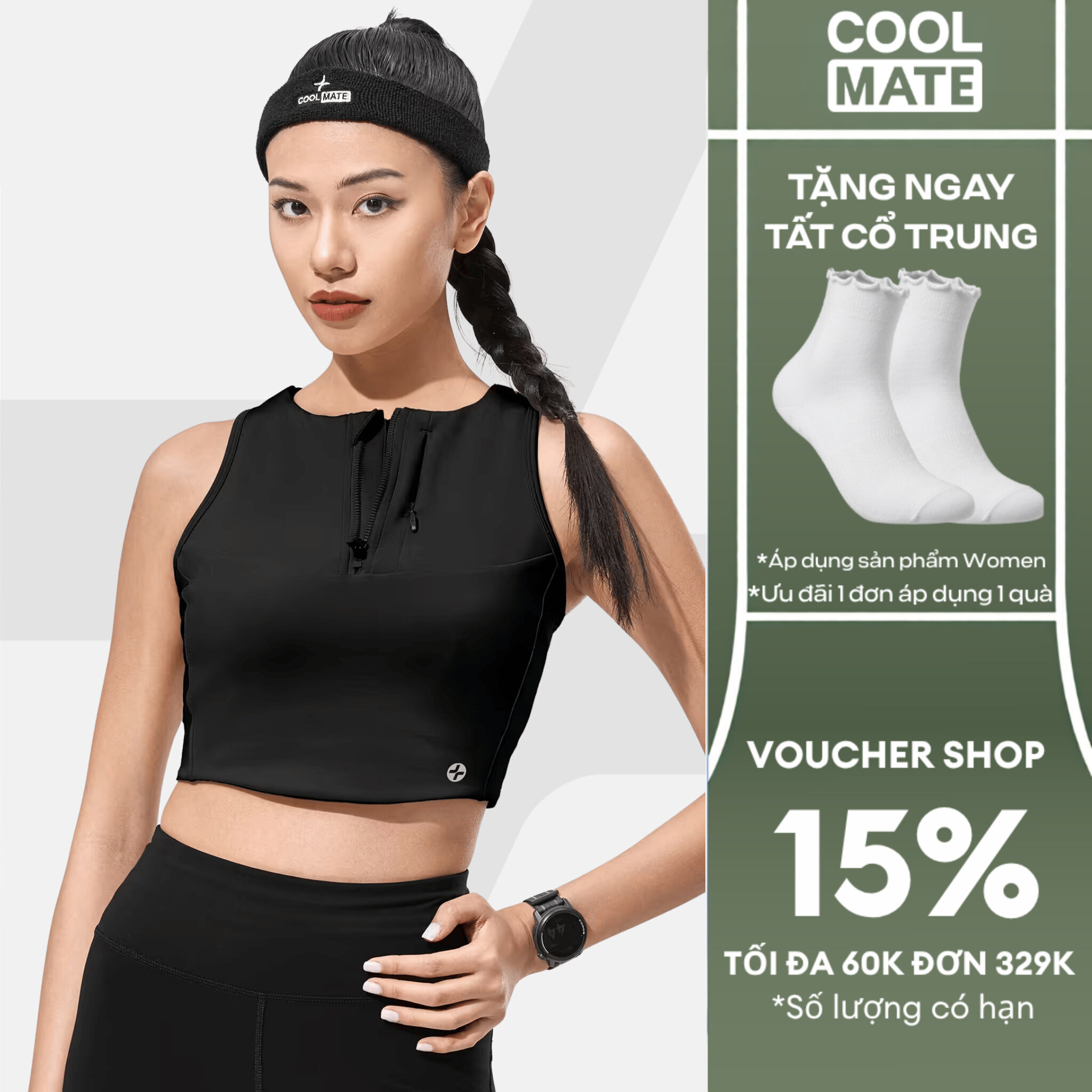 [TẶNG TẤT CỔ TRUNG]Áo thun thể thao nữ Crop Top Tank chạy bộ khoá Zip thoáng mát, co giãn, nhanh khô - Coolmate Women
