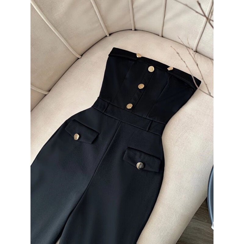 [HÀNG ĐẸP] Jumpsuit Đen Ống Loe Đính Nút Có Túi
