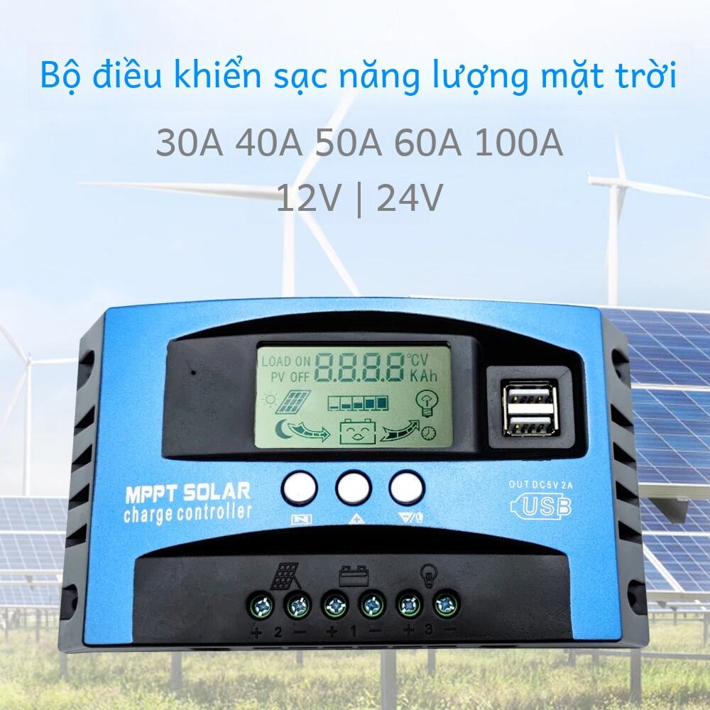 Bộ Điều Khiển Sạc Năng Lượng Mặt Trời Mppt 30a 40a 50a 60a 80a 100a Màn Hình LCD Hiển Thị USB Kép Bộ Điều Khiển Sạc Và Xả Tự Động 12V 24V Cho Hệ Mặt Trời