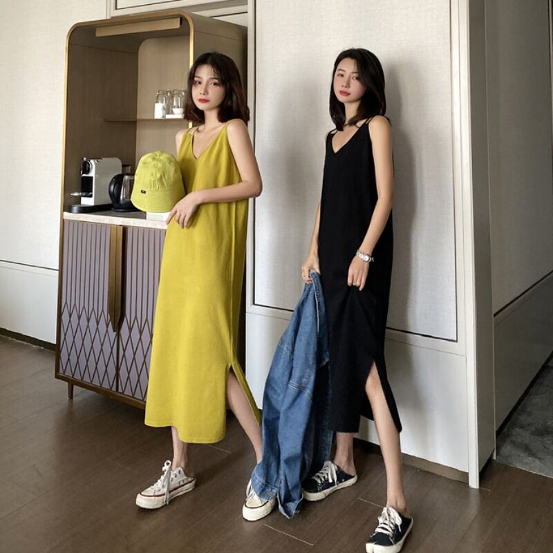 Váy Liền Dệt Kim Váy Dài Quá Đầu Gối Mẫu Dài Vừa Rộng Rãi Phong Cách Hàn Quốc Mẫu Mới 2020 Mùa Hè Cho Nữ Váy Ba Lỗ Hai Dây Váy Mặc Trong