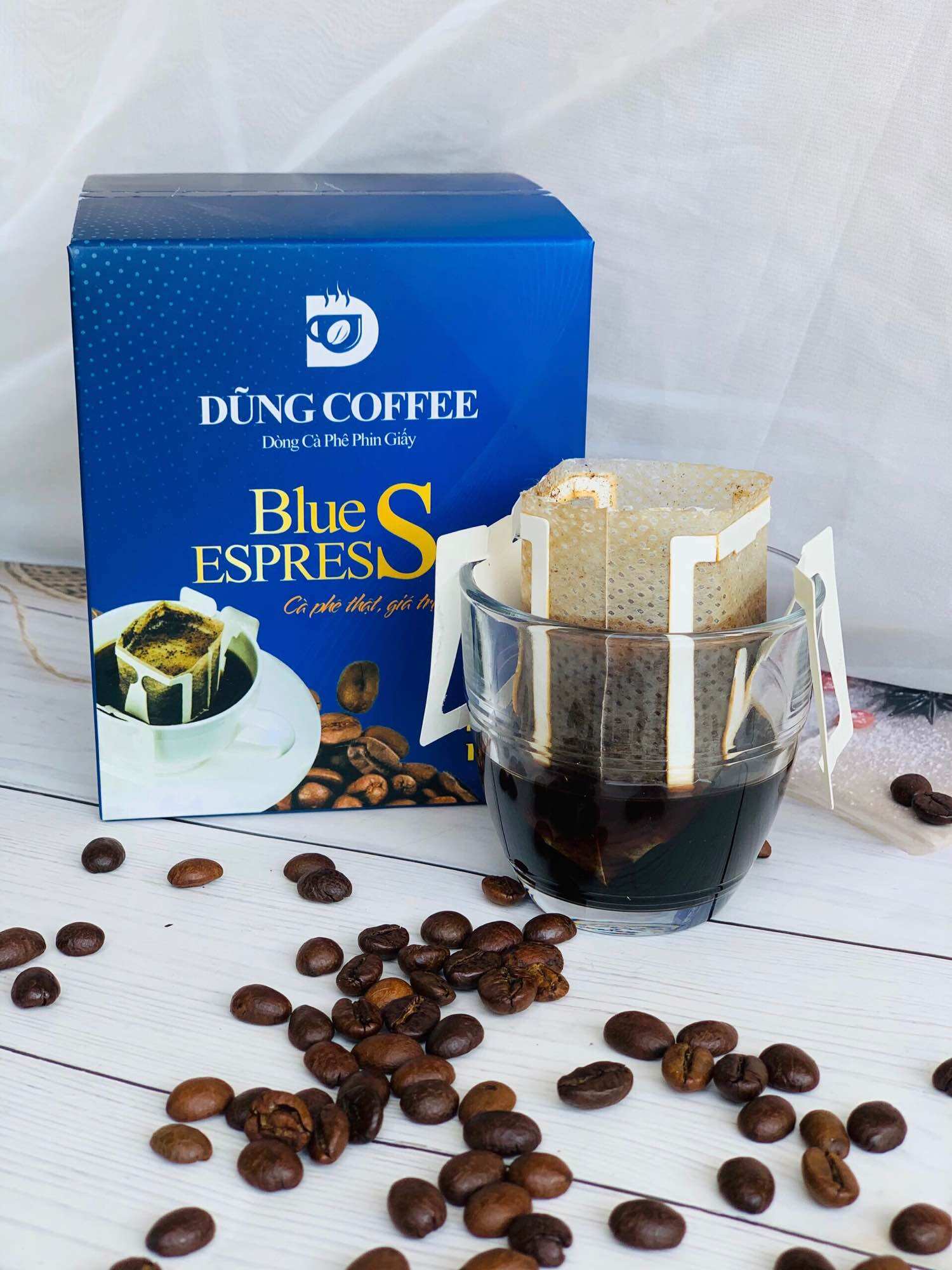 Cà Phê Phin Giấy BLUE ESPRESSO ( Hộp 10 phin x 13g & 10 gói đường). DŨNG COFFEE - cà phê thật, giá trị thật!