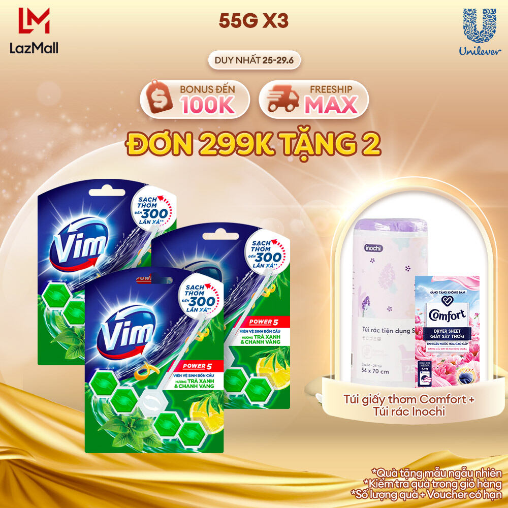 Combo 3 Viên treo bồn cầu VIM Power 5 hương Trà Xanh Chanh Vàng 55G x 3