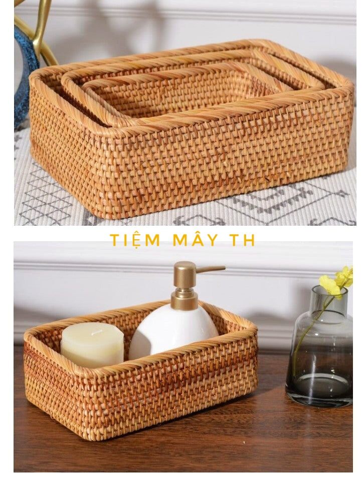 Khay mây tre đan chữ nhật TIỆM MÂY TH đựng đồ, khay đựng mỹ phẩm, khay đựng đồ đa năng