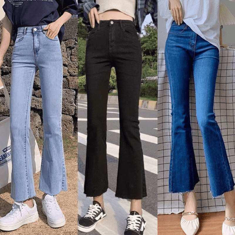 Quần jeans loe lưng cao ống dài hot hit chất co giãn