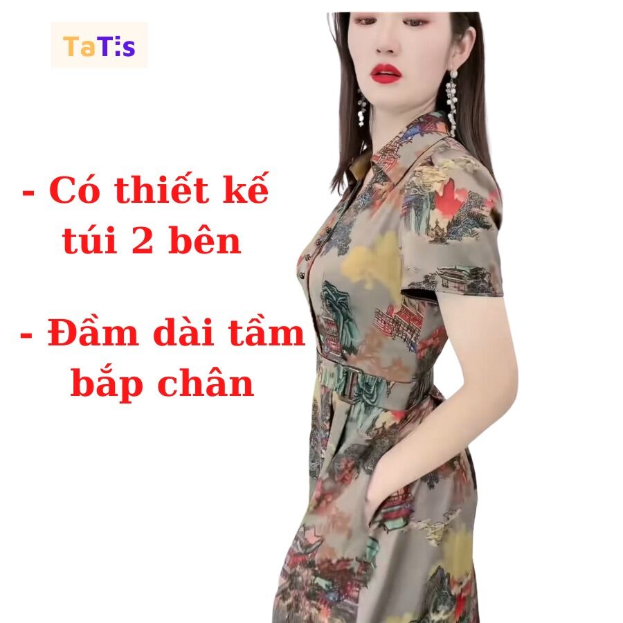 Đầm Trung Niên Thiết Kế Cao Cấp Cho Mẹ Dự Tiệc, Váy Nữ TATIS Tay Ngắn Sang Trọng, Áo Đầm Phụ Nữ Dáng Dài Size Đại.