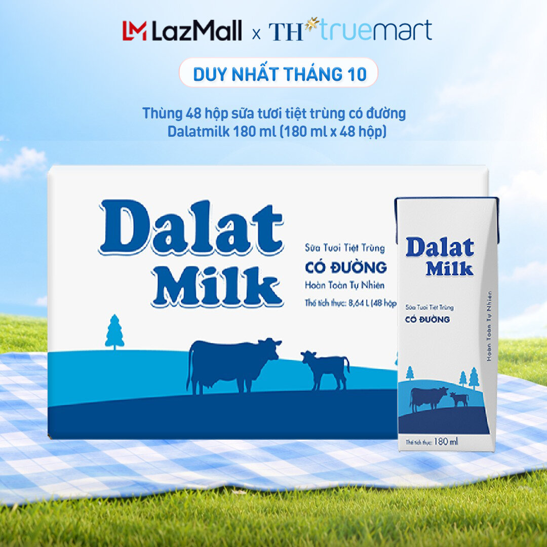 Thùng 48 hộp sữa tươi tiệt trùng  Dalatmilk có đường 180 ml (180 ml x 48)