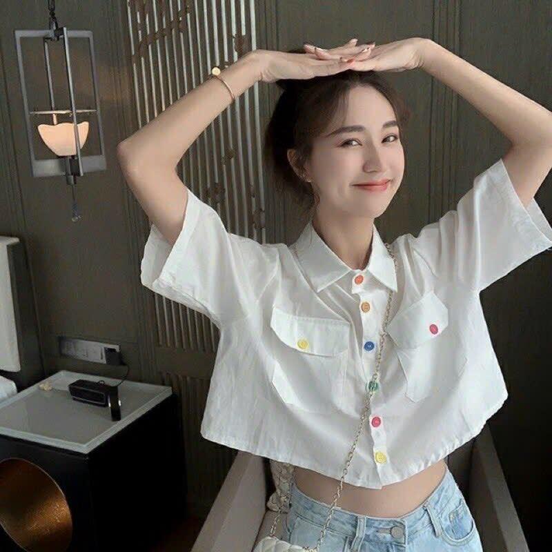 (Video thật) Áo Sơ Mi Croptop Cổ Bẻ Nút Màu Có Túi
