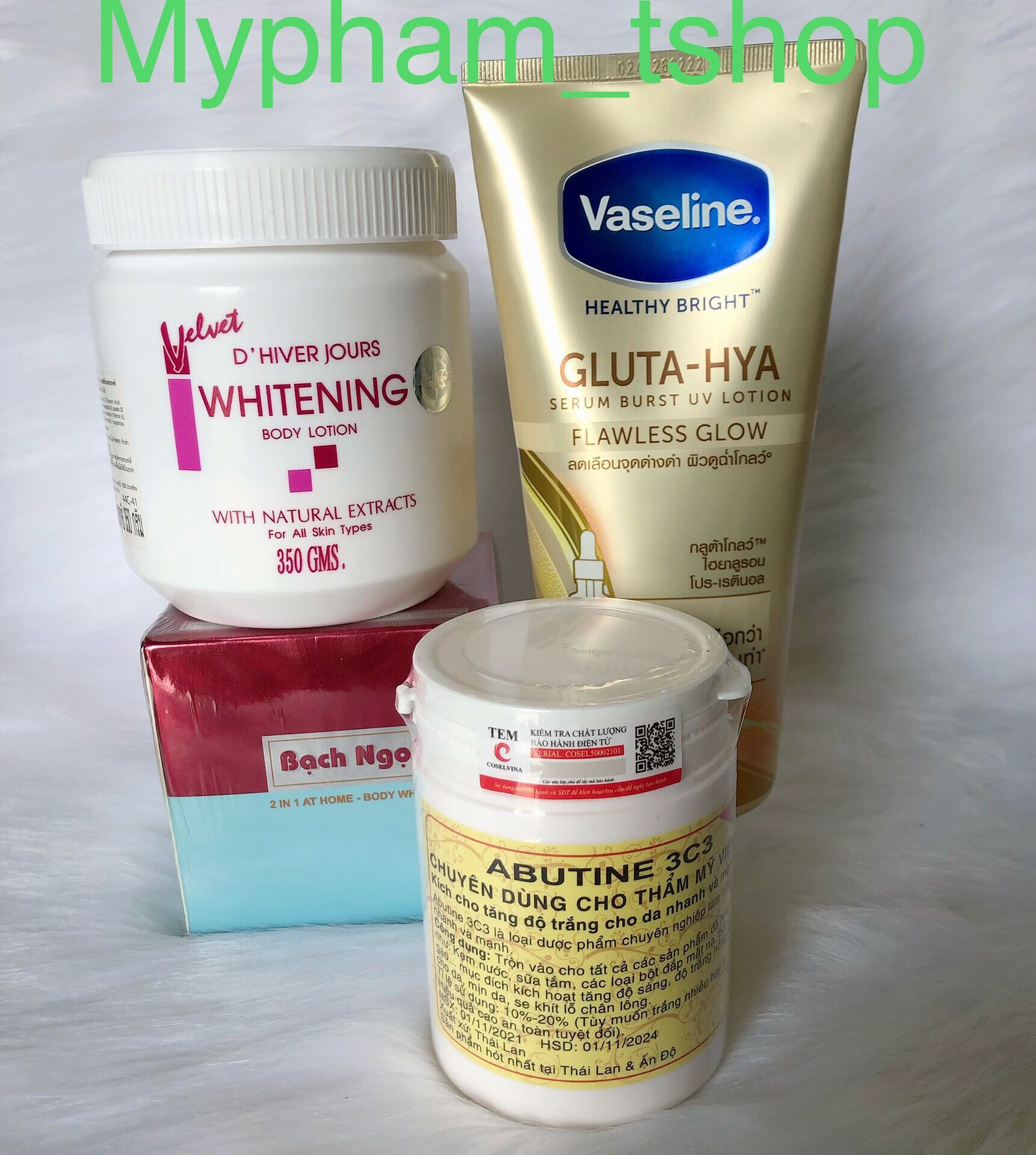 Combo Siêu Trắng Da Bạch Ngọc Liên + Vaseline Thái Lan + Anubutin + hủ Vitamin E