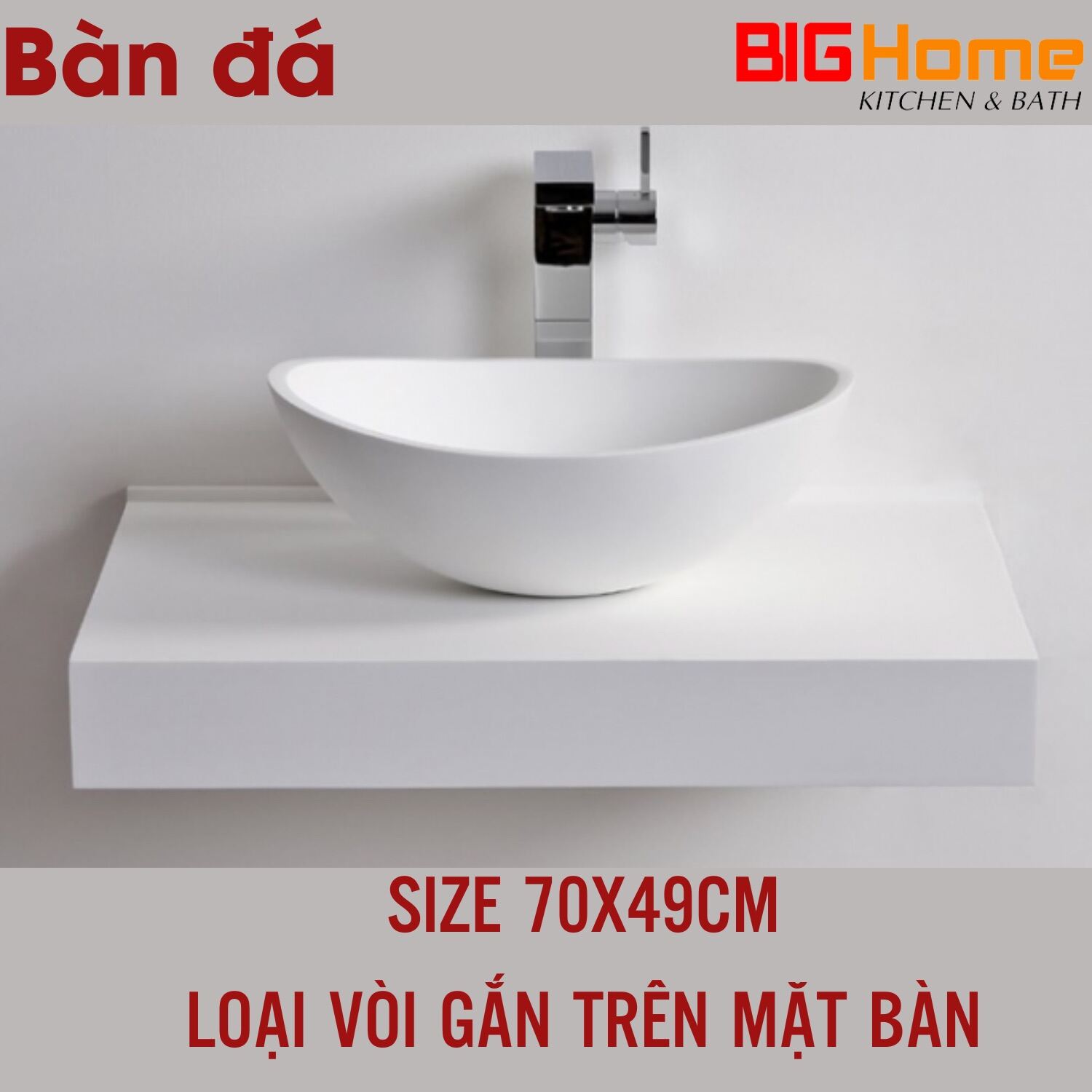 Bàn đá lavabo  loại bàn đặt lavabo vòi gắn trên mặt bàn size 70x49cm đá nhân tạo kèm khung treo và v