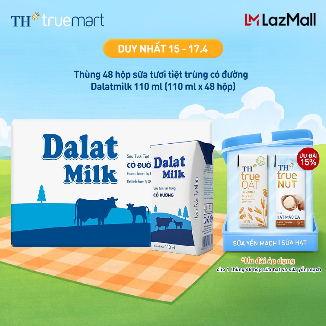 Thùng 48 hộp sữa tươi tiệt trùng Dalatmilk có đường 110 ml (110 ml x 48)
