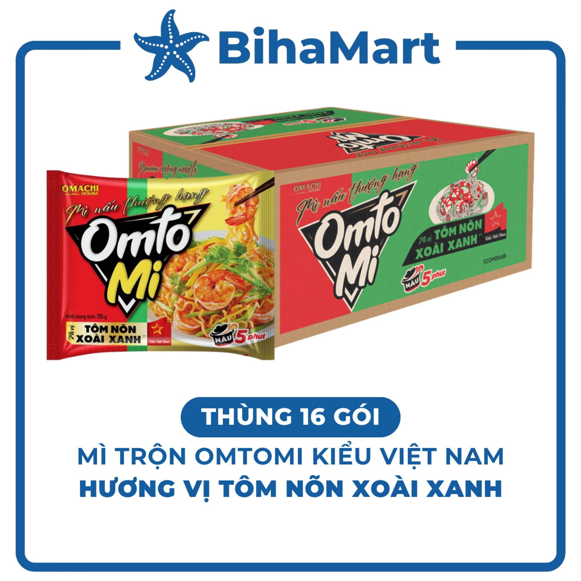 [THÙNG 16 GÓI] - OMTOMI - Mì nấu 4 phút Omtomi kiểu Việt Nam vị Tôm Nõn Xoài Xanh, Mì ăn liền tôm nõ