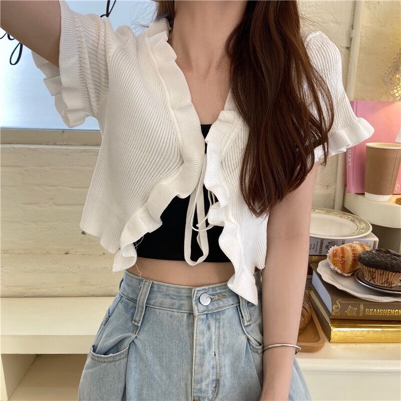 Áo bèo cột dây tay ngắn croptop