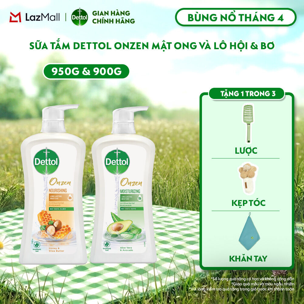 Combo 2 Chai Sữa Tắm Dettol Onzen Mật Ong Kháng Khuẩn Dưỡng Thể (950g) và Dưỡng Ẩm Lô Hội  Bơ (900g)