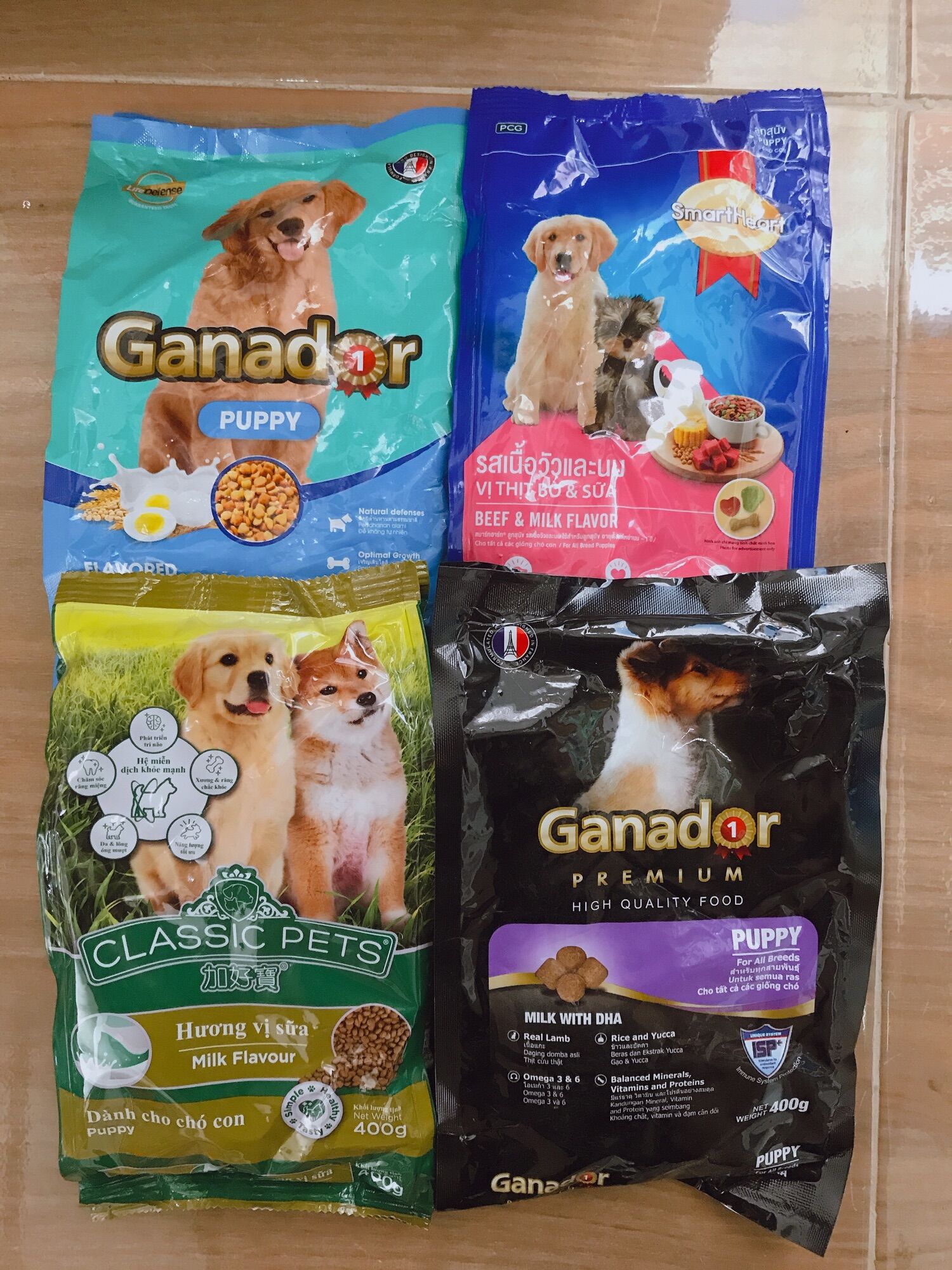 COMBO 4 GÓI THỨC ĂN CHO CHÓ CON GANADOR VỊ TRỨNG SỮA, SMARTHEART VỊ THỊT BÒ VÀ SỮA, CLASSIC, GANADOR