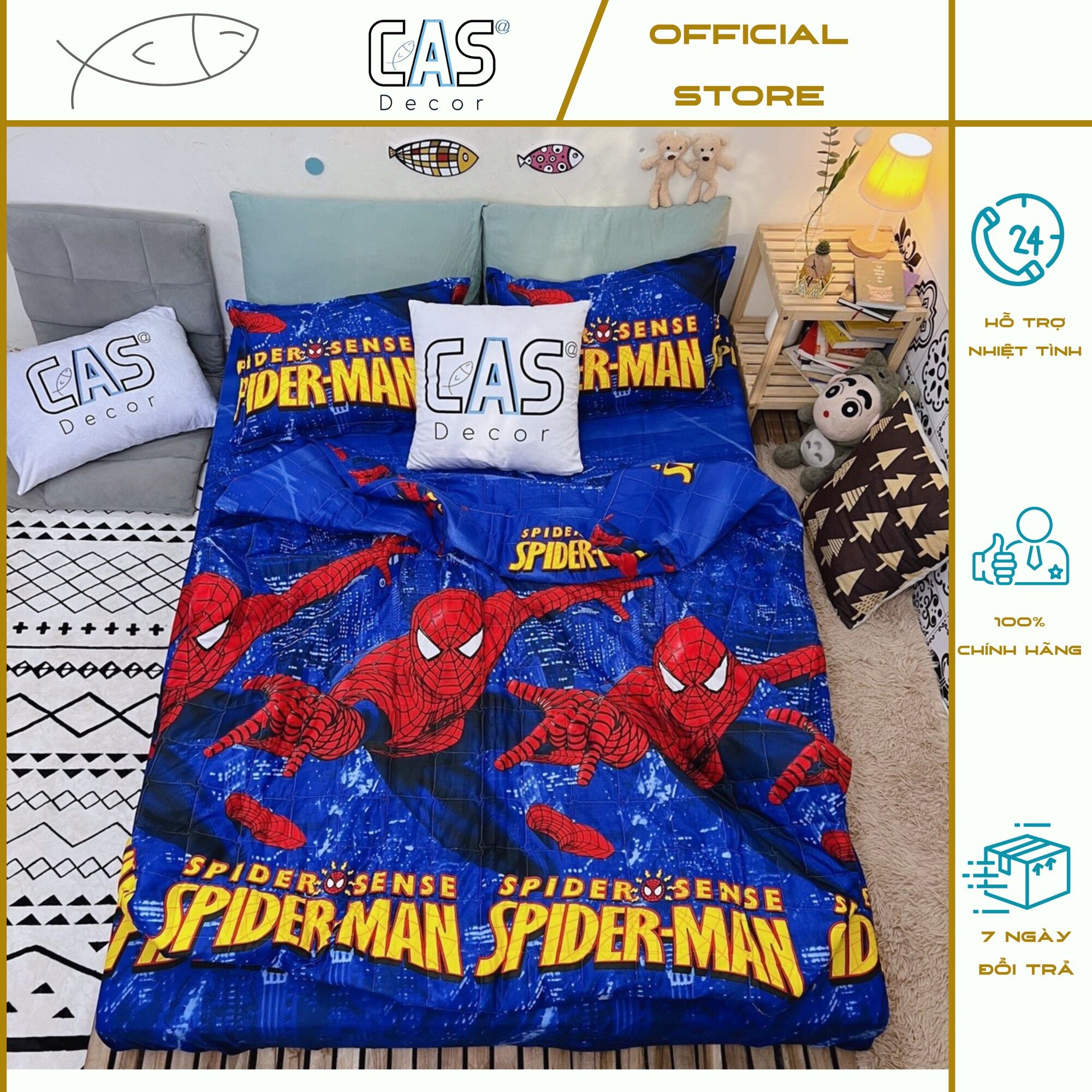 Bộ chăn ga gối cotton poly cas decor - hình người nhện cho bé yêu