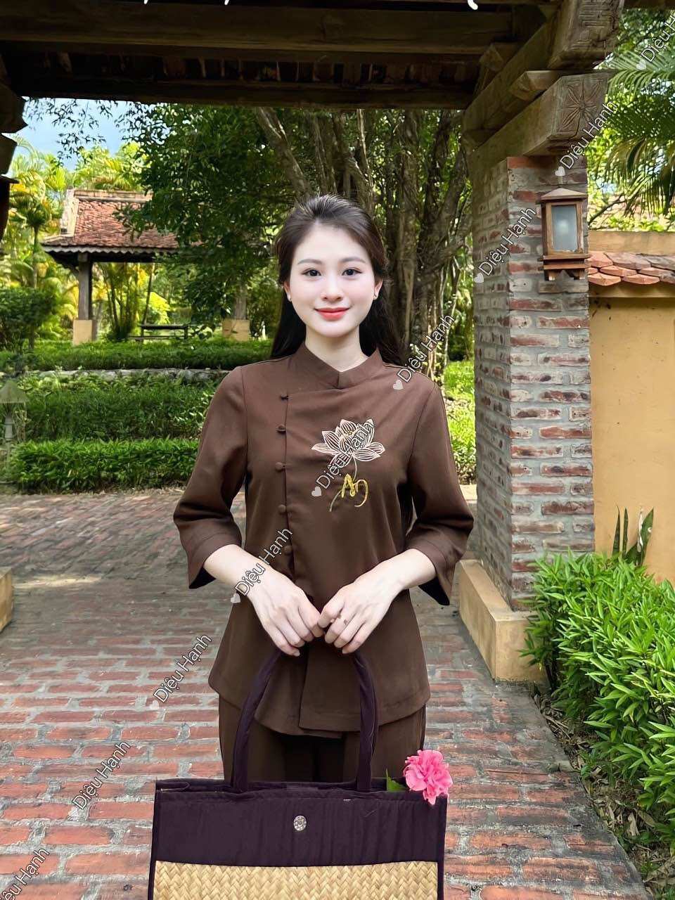 Set lam/Pháp phục dáng truyền thống trang nhã thêu sen Diệu Hạnh cao cấp