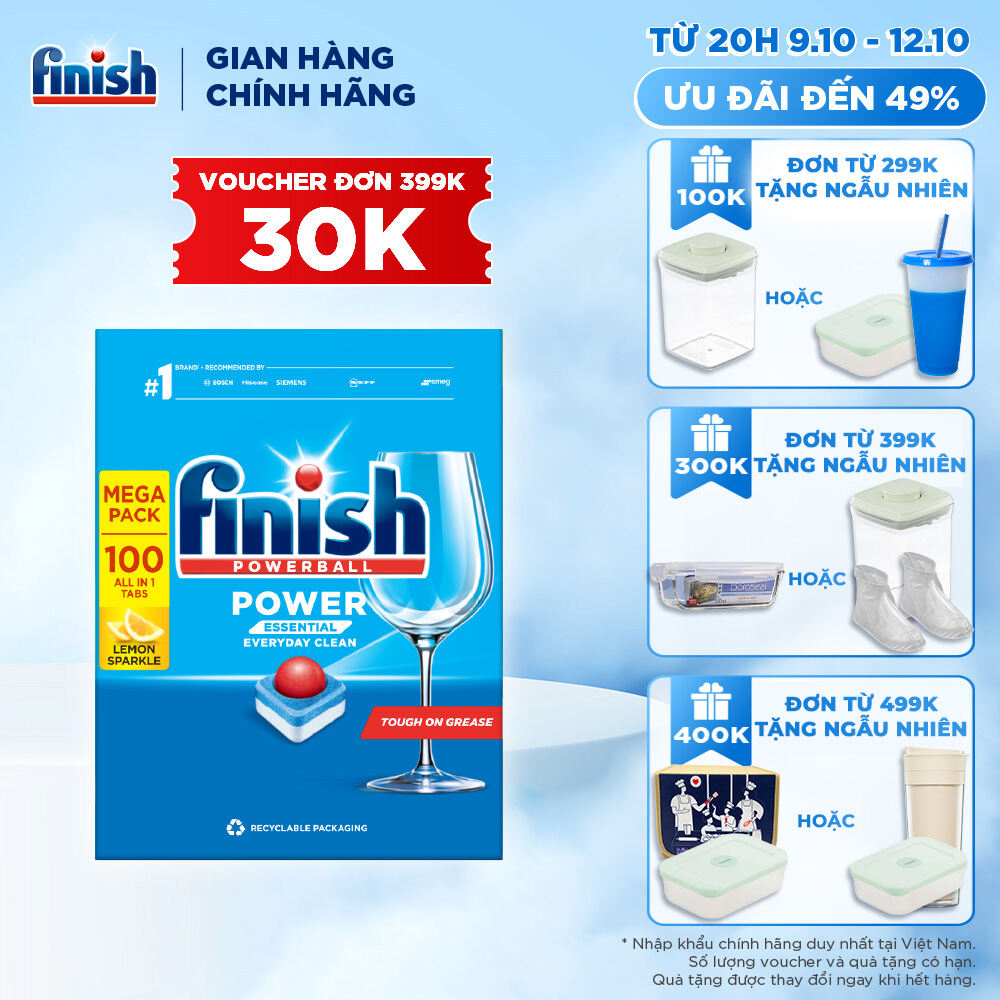 Viên Rửa Chén Bát Hương Chanh Finish Powerball Power Essential Lemon Sparkle - Hộp 100 viên siêu tiết kiệm
